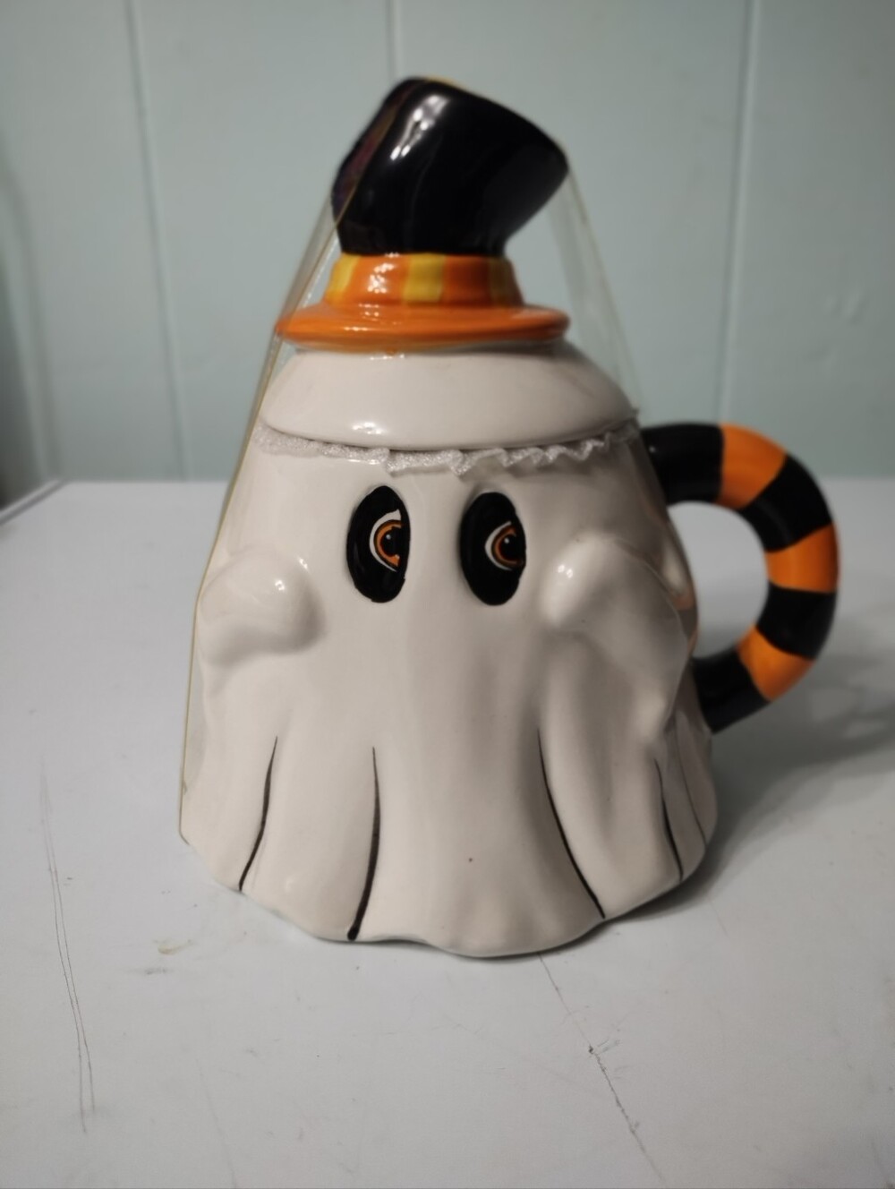 New Halloween "Little Village" Collection Transpac Ghost Ceramic Mug with Lid